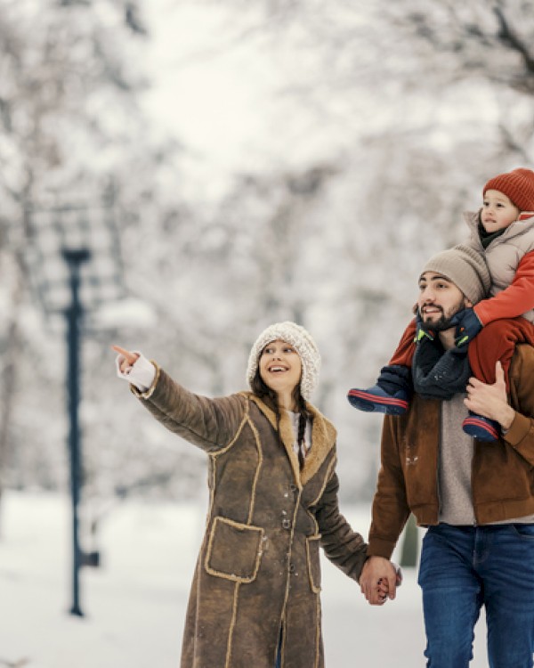 A family enjoys a snowy walk in the park, with a woman pointing at something in the sky, while a man carries a child on his shoulders.