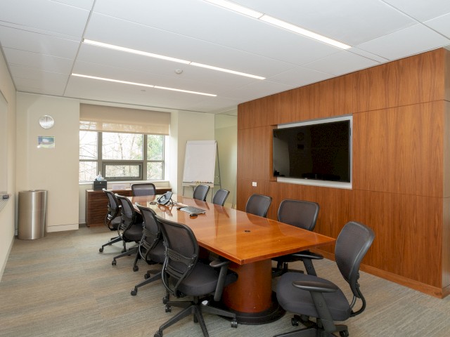 The image shows a modern conference or board room with a long table, black ergonomic chairs, a wall-mounted TV, large a window overlooking greenery.