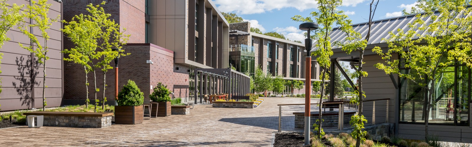 A modern courtyard with brick pathways, various plants, benches, trees, contemporary buildings, and a clear blue sky with scattered clouds.