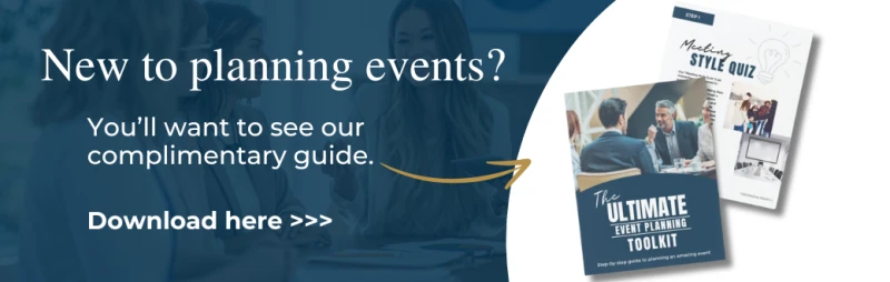 The image promotes a complimentary guide for new event planners, featuring a download link and toolkit cover.