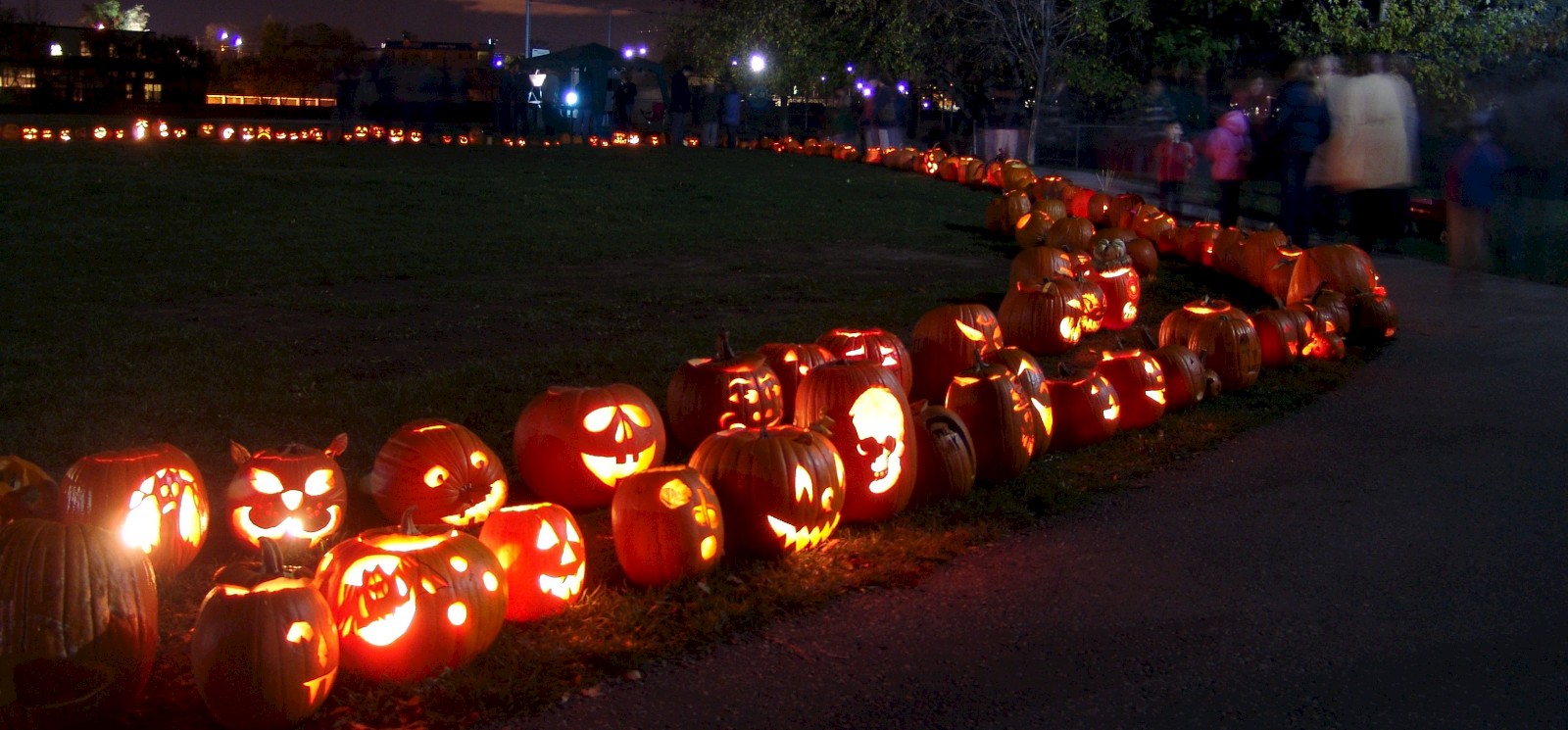 A long line of glowing jack-o'-lanterns is displayed outdoors at night, creating a festive and spooky Halloween atmosphere.