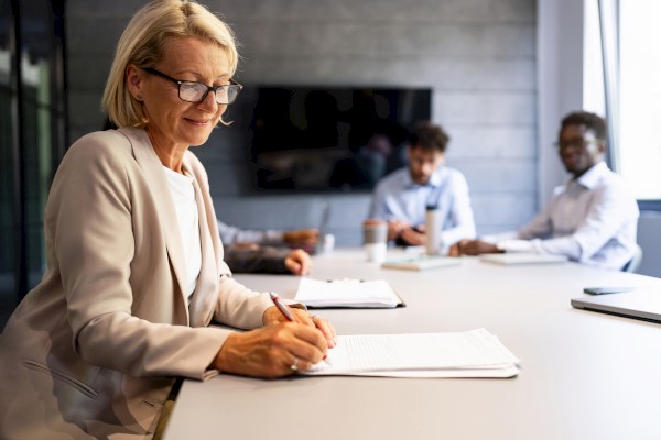 A woman in glasses is writing during a meeting with three colleagues in a conference room, with a focus on her work.