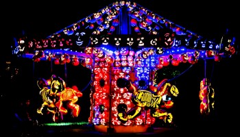 This image shows a carousel made of illuminated pumpkins with designs, depicting skeleton horses and riders, glowing in vibrant colors.