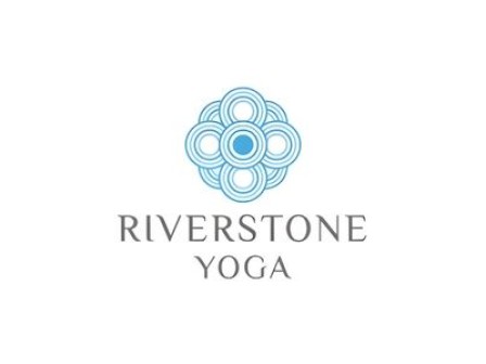 A blue circular floral logo with concentric rings above the text “RIVERSTONE YOGA,” on a white background. End.