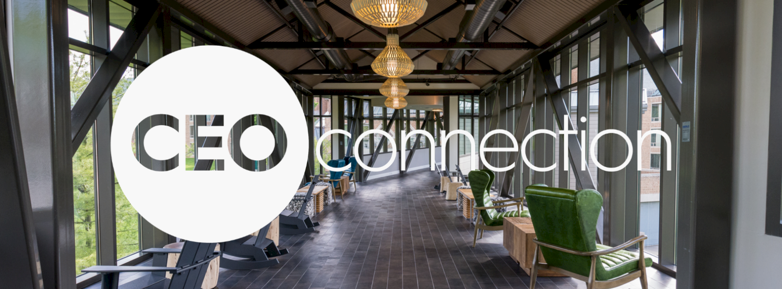 A modern gym with large glass windows, fitness equipment, and green armchairs, with an overlay of the CE0 connection logo and text.