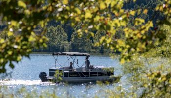 A pontoon boat glides across a serene lake, framed by lush green foliage under a clear sky, with two individuals on board enjoying the ride.