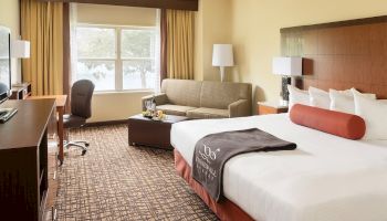 A modern hotel room with a large bed, sofa, work desk, TV, windows with curtains, and stylish decor. The bed has white linens and throw pillows.