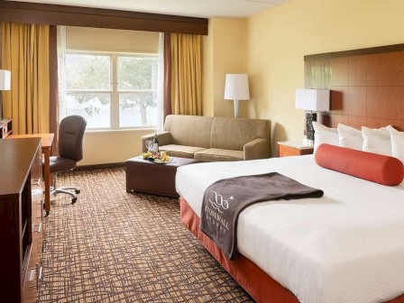 A hotel room with a king-sized bed, a sofa, a desk with a chair, a TV, lamps, and a window with curtains. A blanket is draped over the bed.