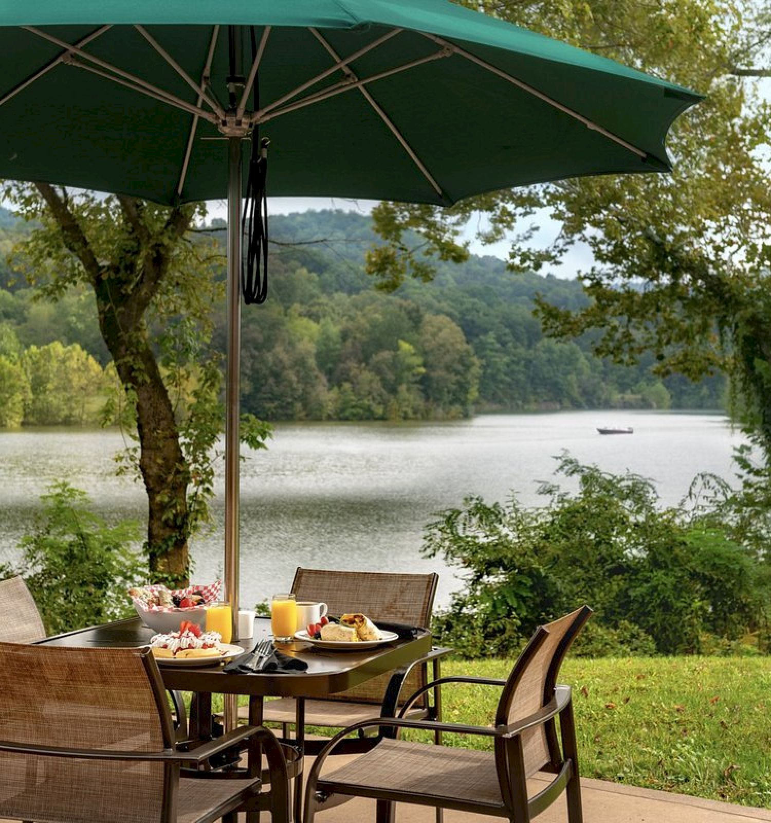 Outdoor dining setting with a large green umbrella, table, chairs, and food, overlooking a lake and lush green trees in the background.