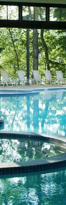 An indoor pool area with a hot tub, large windows revealing greenery outside, and lounge chairs lined up near the outdoor pool.