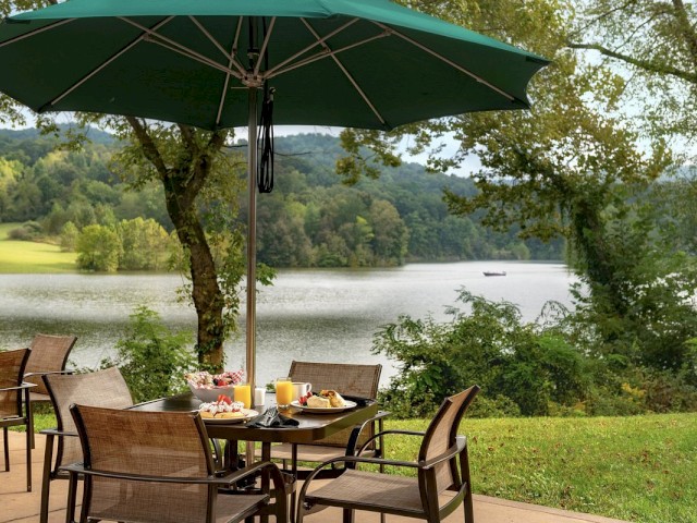 Outdoor dining area with four chairs around a table, food and drinks under a large green umbrella, overlooking a lake and forested hills in the background.
